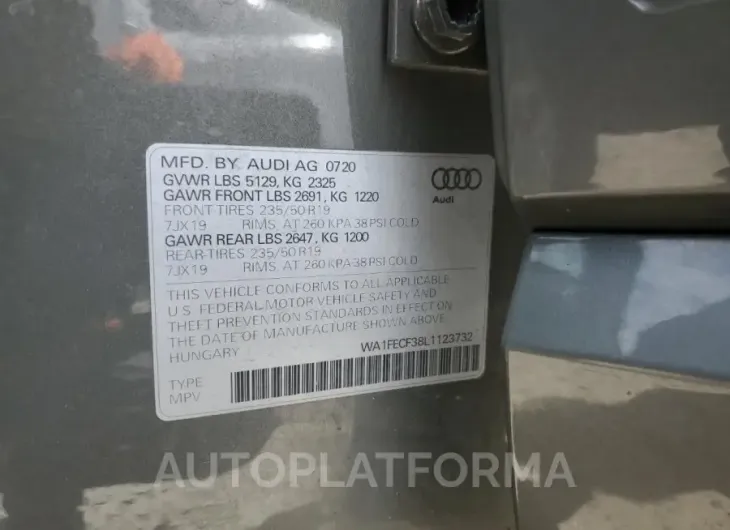 AUDI Q3 PRESTIG 2020 vin WA1FECF38L1123732 from auto auction Copart