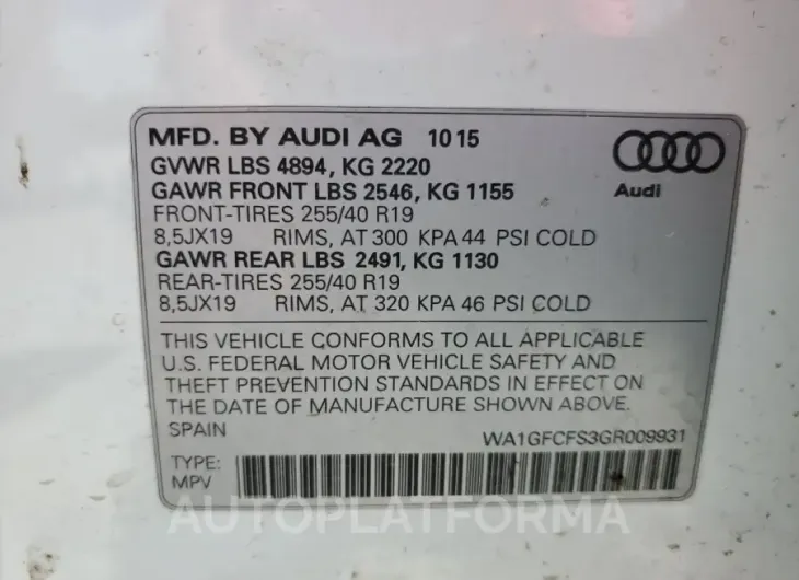 AUDI Q3 PRESTIG 2016 vin WA1GFCFS3GR009931 from auto auction Copart