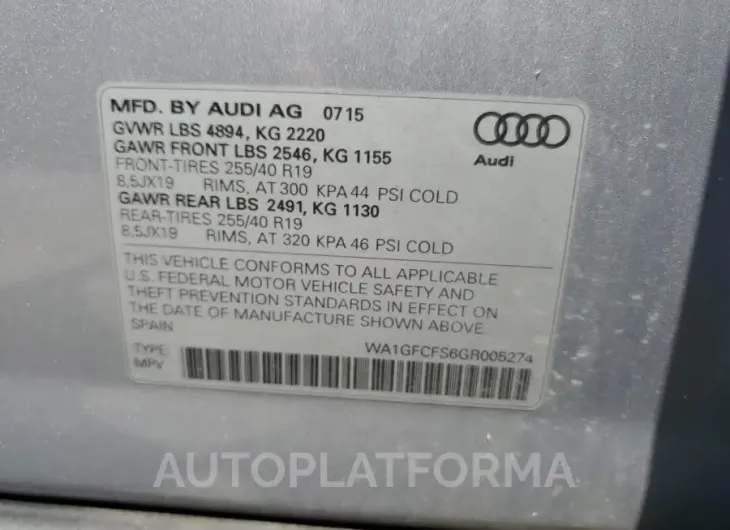 AUDI Q3 PRESTIG 2016 vin WA1GFCFS6GR005274 from auto auction Copart