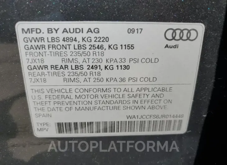 AUDI Q3 PREMIUM 2018 vin WA1JCCFS6JR014448 from auto auction Copart