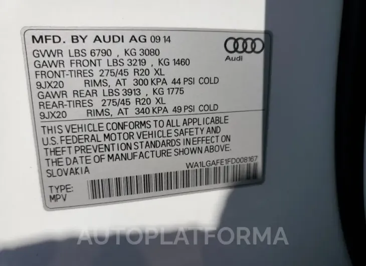 AUDI Q7 PREMIUM 2015 vin WA1LGAFE1FD008167 from auto auction Copart