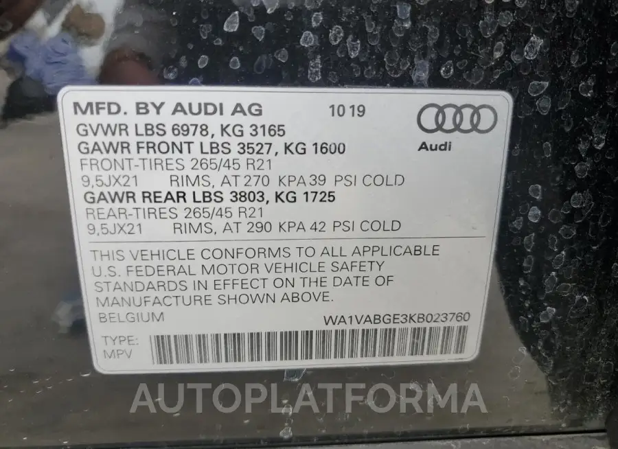 AUDI E-TRON PRE 2019 vin WA1VABGE3KB023760 from auto auction Copart