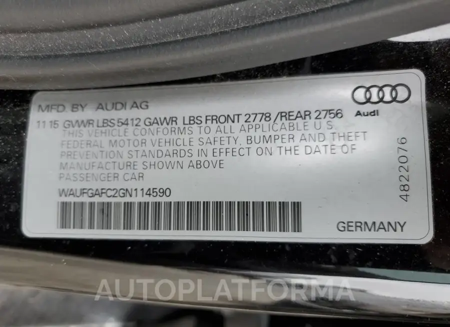 AUDI A6 PREMIUM 2016 vin WAUFGAFC2GN114590 from auto auction Copart