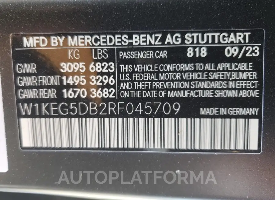 MERCEDES-BENZ EQE SEDAN 2024 vin W1KEG5DB2RF045709 from auto auction Copart