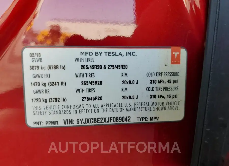 TESLA MODEL X 2018 vin 5YJXCBE2XJF089042 from auto auction Copart