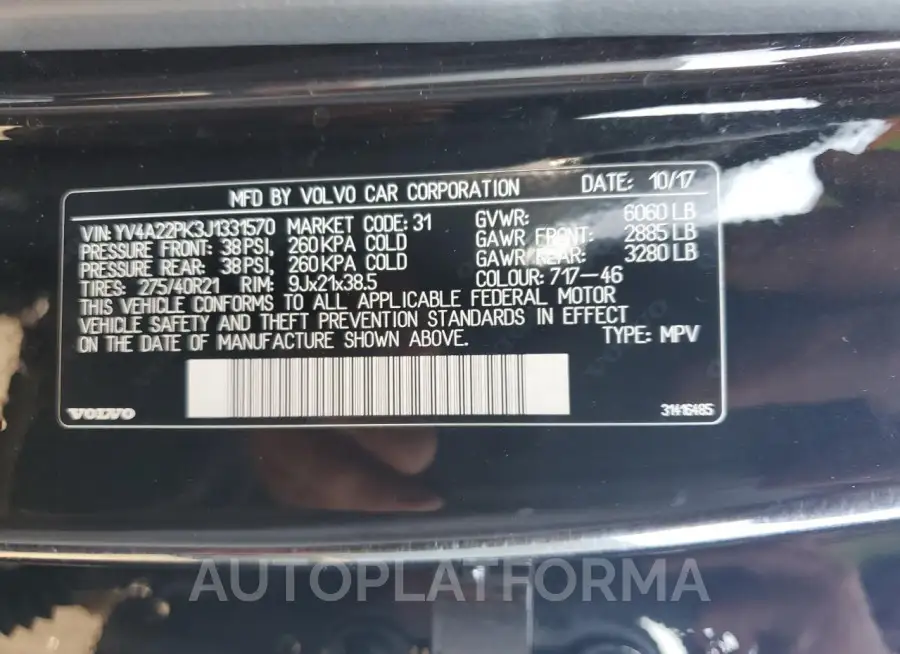 VOLVO XC90 T6 2018 vin YV4A22PK3J1331570 from auto auction Copart