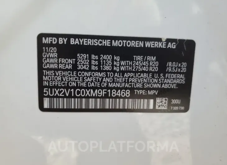 BMW X4 2021 vin 5UX2V1C0XM9F18468 from auto auction Copart