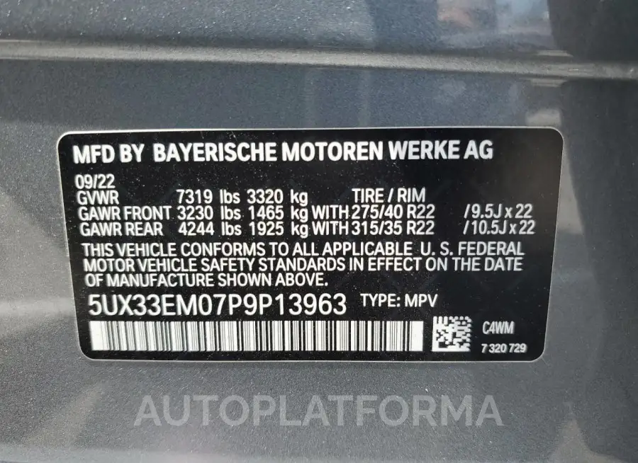 BMW X7 M60I 2023 vin 5UX33EM07P9P13963 from auto auction Copart