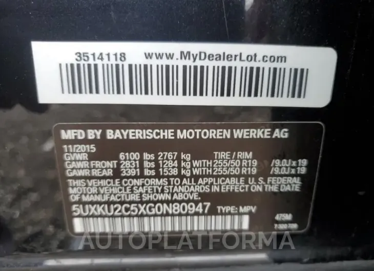 BMW X6 XDRIVE3 2016 vin 5UXKU2C5XG0N80947 from auto auction Copart