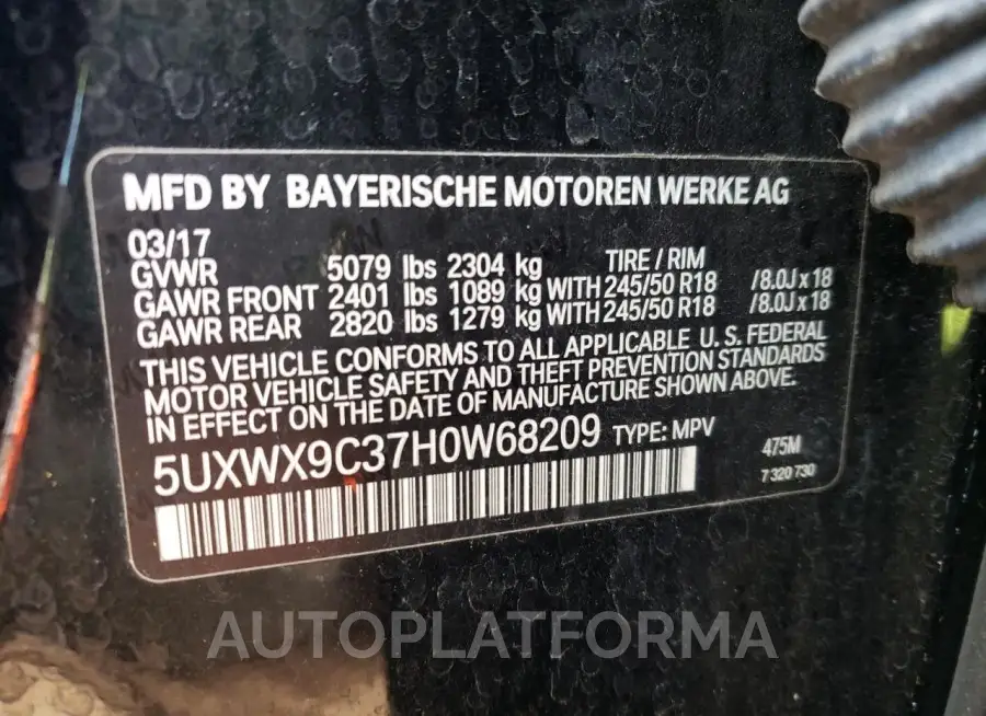 BMW X3 XDRIVE2 2017 vin 5UXWX9C37H0W68209 from auto auction Copart