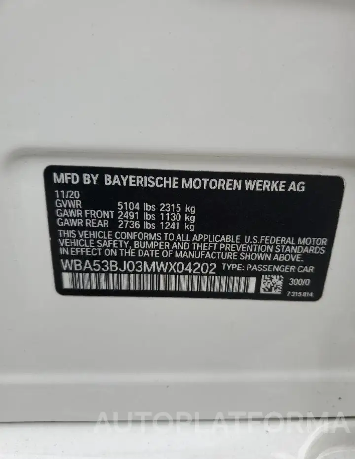 BMW 540 I 2021 vin WBA53BJ03MWX04202 from auto auction Copart