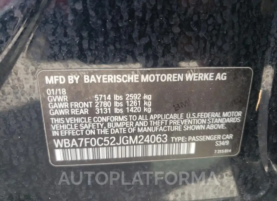 BMW 750 I 2018 vin WBA7F0C52JGM24063 from auto auction Copart