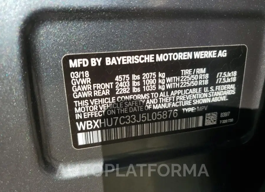 BMW X1 SDRIVE2 2018 vin WBXHU7C33J5L05876 from auto auction Copart