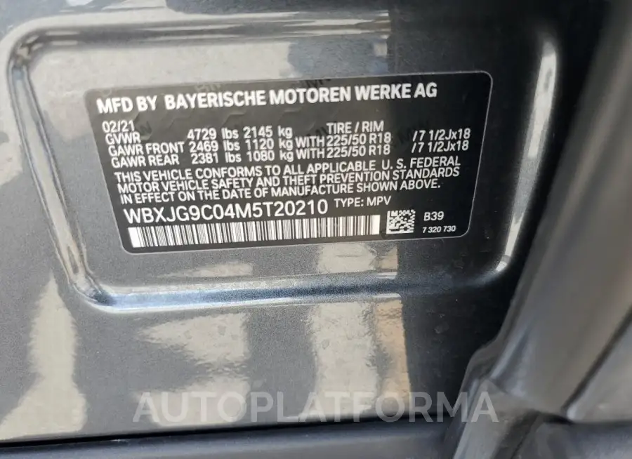 BMW X1 XDRIVE2 2021 vin WBXJG9C04M5T20210 from auto auction Copart