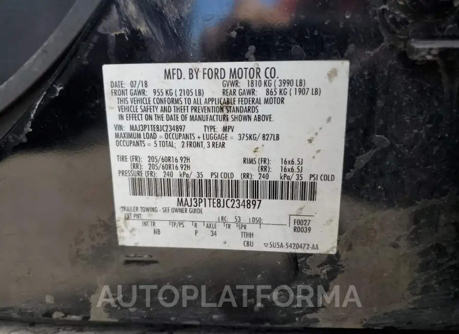 FORD ECOSPORT S 2018 vin MAJ3P1TE8JC234897 from auto auction Copart