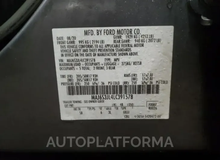 FORD ECOSPORT S 2020 vin MAJ6S3JL4LC391578 from auto auction Copart