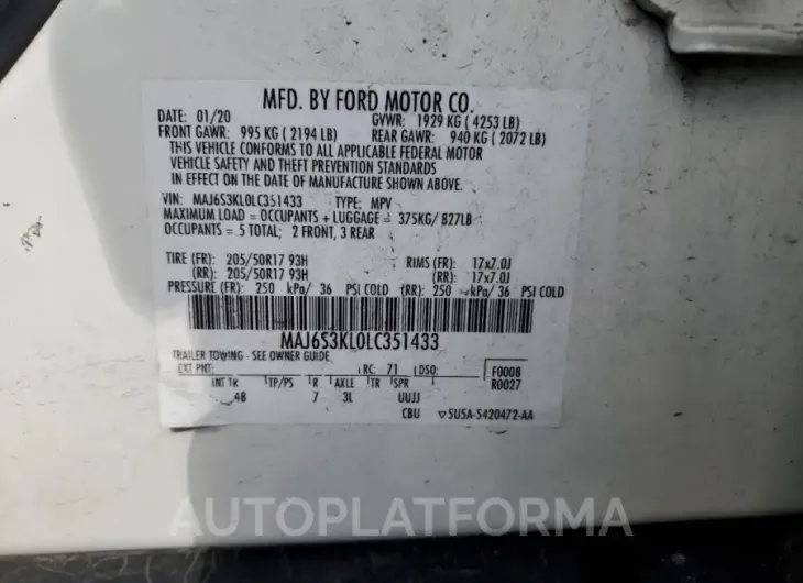 FORD ECOSPORT T 2020 vin MAJ6S3KL0LC351433 from auto auction Copart