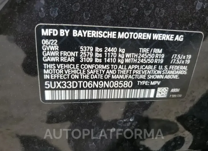 BMW X4 XDRIVE3 2022 vin 5UX33DT06N9N08580 from auto auction Copart