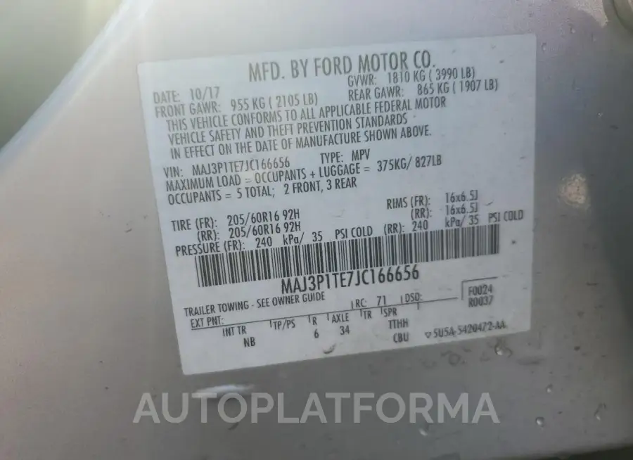 FORD ECOSPORT S 2018 vin MAJ3P1TE7JC166656 from auto auction Copart