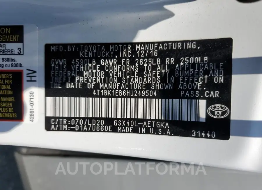 TOYOTA AVALON XLE 2017 vin 4T1BK1EB6HU249504 from auto auction Copart