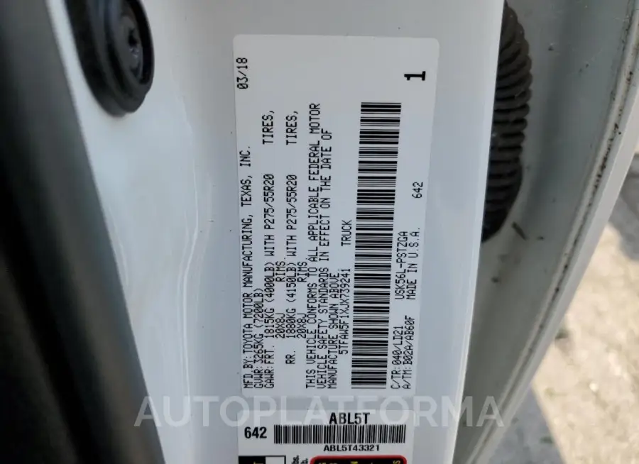 TOYOTA TUNDRA CRE 2018 vin 5TFAW5F1XJX739241 from auto auction Copart