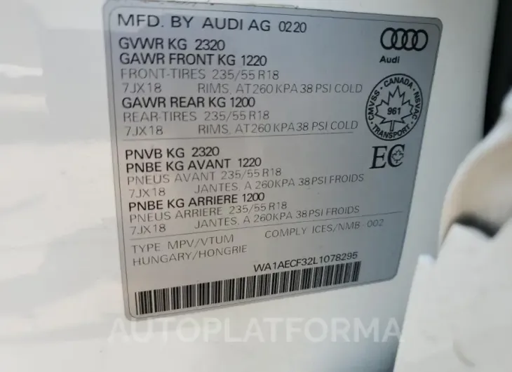 AUDI Q3 PREMIUM 2020 vin WA1AECF32L1078295 from auto auction Copart