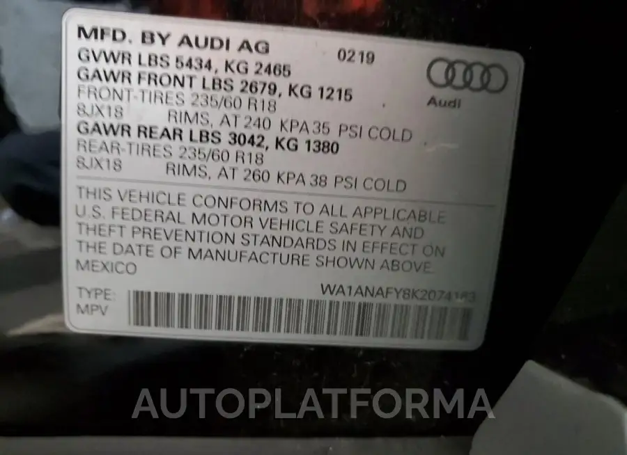 AUDI Q5 PREMIUM 2019 vin WA1ANAFY8K2074163 from auto auction Copart