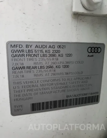 AUDI Q3 PREMIUM 2021 vin WA1AUCF33M1144499 from auto auction Copart