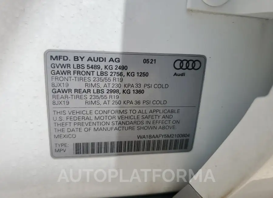 AUDI Q5 PREMIUM 2021 vin WA1BAAFY5M2100804 from auto auction Copart