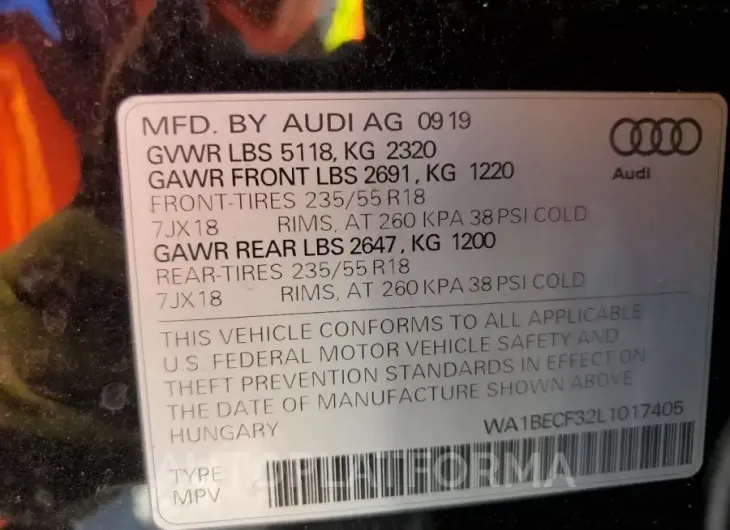 AUDI Q3 PREMIUM 2020 vin WA1BECF32L1017405 from auto auction Copart