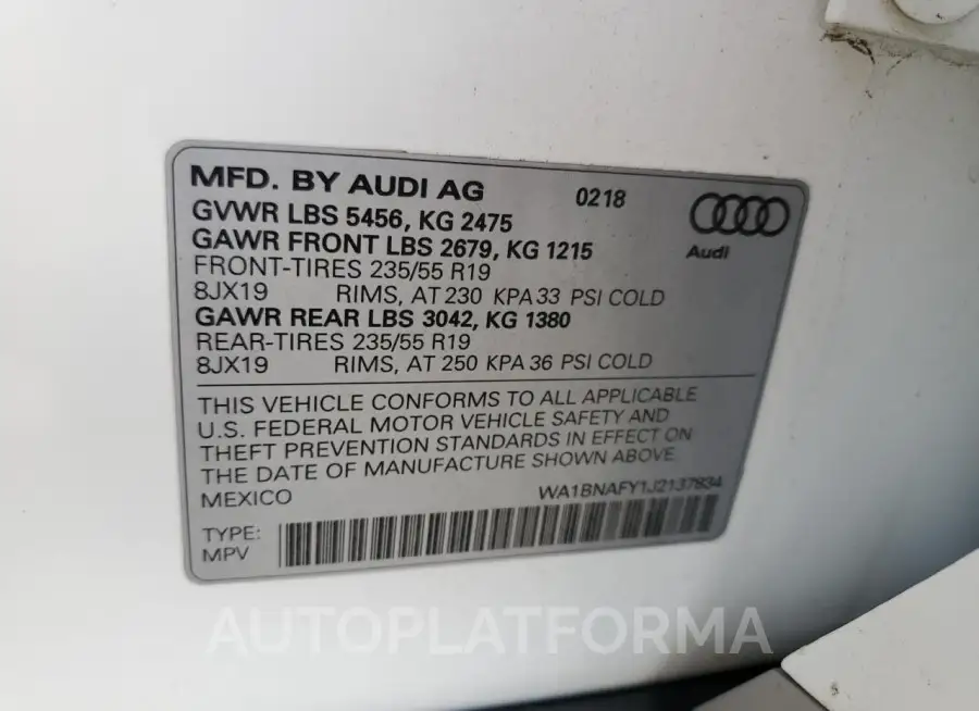 AUDI Q5 PREMIUM 2018 vin WA1BNAFY1J2137834 from auto auction Copart