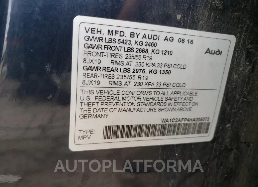 AUDI Q5 PREMIUM 2017 vin WA1C2AFP4HA005073 from auto auction Copart