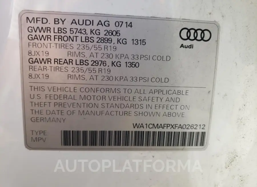 AUDI Q5 TDI PRE 2015 vin WA1CMAFPXFA026212 from auto auction Copart