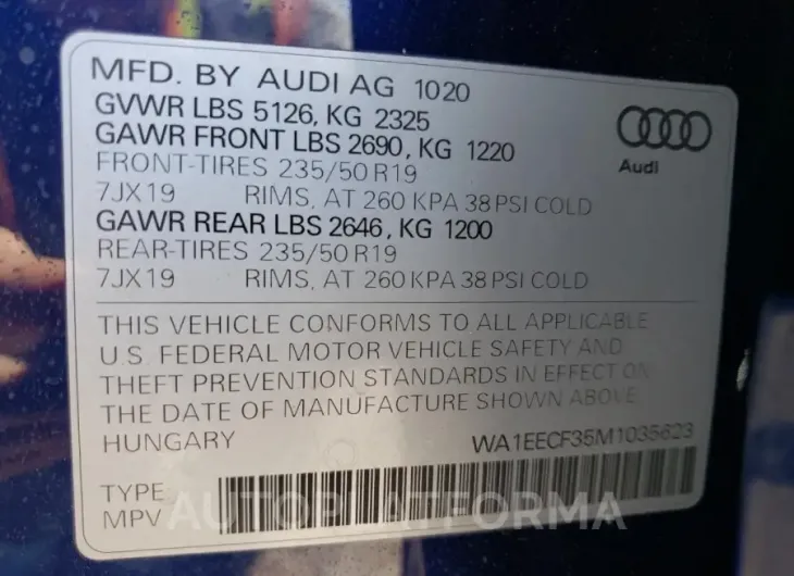 AUDI Q3 PREMIUM 2021 vin WA1EECF35M1035623 from auto auction Copart