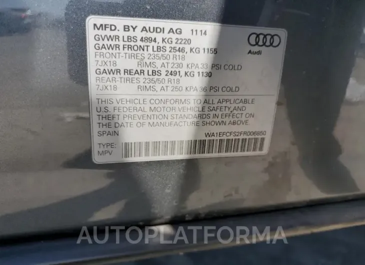 AUDI Q3 PREMIUM 2015 vin WA1EFCFS2FR006850 from auto auction Copart