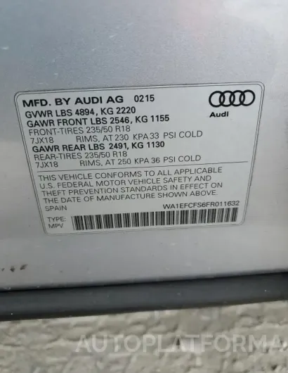 AUDI Q3 PREMIUM 2015 vin WA1EFCFS6FR011632 from auto auction Copart