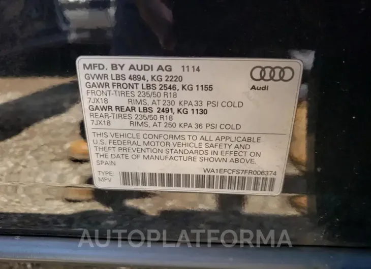 AUDI Q3 PREMIUM 2015 vin WA1EFCFS7FR006374 from auto auction Copart