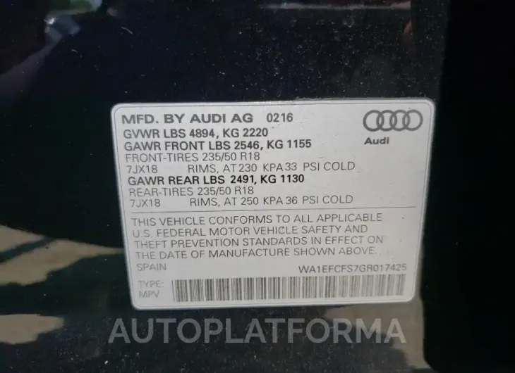 AUDI Q3 PREMIUM 2016 vin WA1EFCFS7GR017425 from auto auction Copart