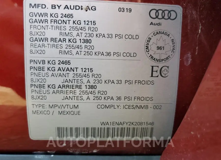 AUDI Q5 PROGRES 2019 vin WA1ENAFY2K2081546 from auto auction Copart