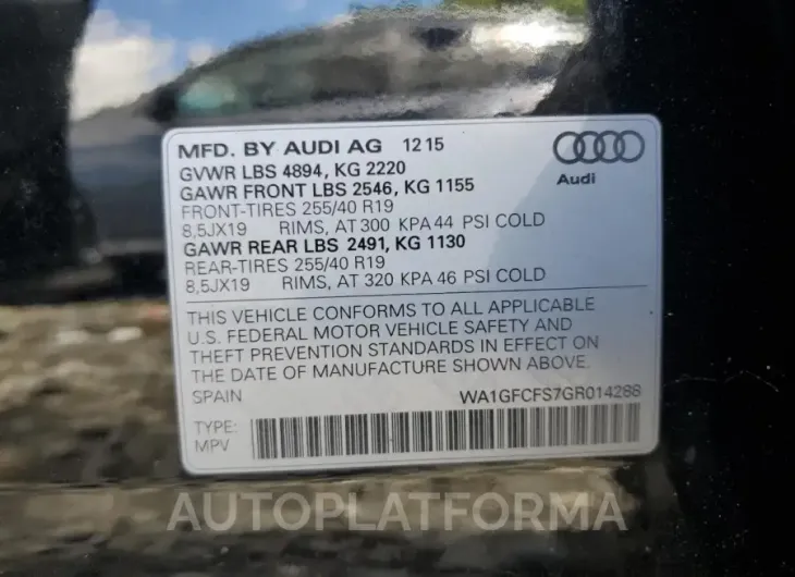 AUDI Q3 PRESTIG 2016 vin WA1GFCFS7GR014288 from auto auction Copart