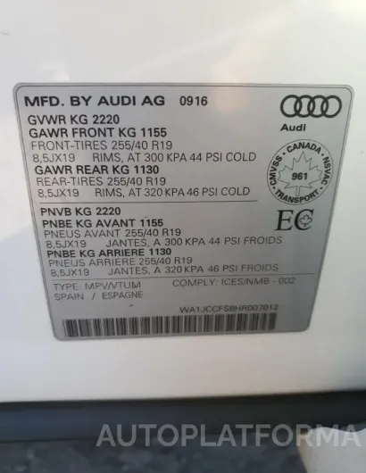 AUDI Q3 PREMIUM 2017 vin WA1JCCFS8HR007012 from auto auction Copart