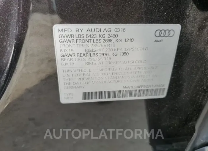 AUDI Q5 PREMIUM 2016 vin WA1L2AFP5GA120408 from auto auction Copart