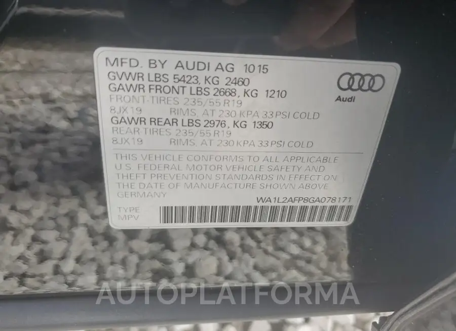 AUDI Q5 2016 vin WA1L2AFP8GA078171 from auto auction Copart