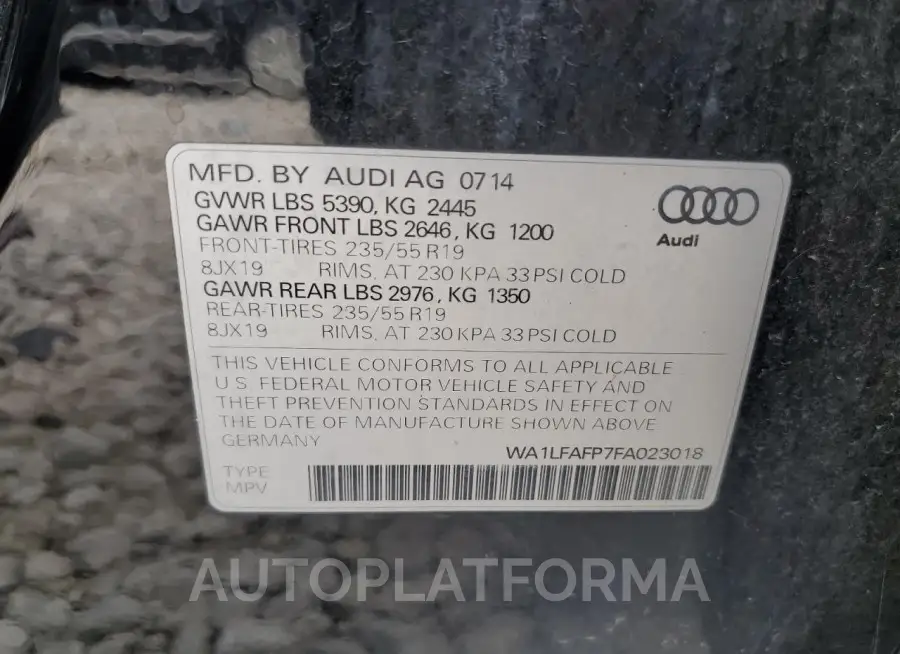 AUDI Q5 PREMIUM 2015 vin WA1LFAFP7FA023018 from auto auction Copart