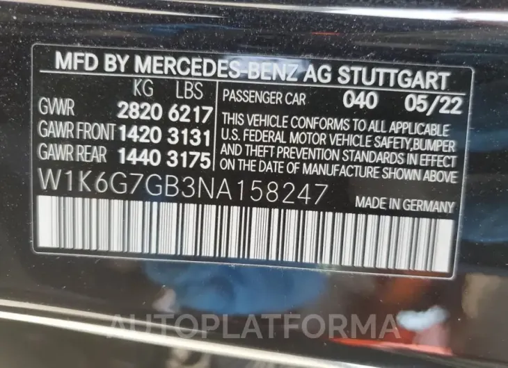 MERCEDES-BENZ S 580 4MAT 2022 vin W1K6G7GB3NA158247 from auto auction Copart