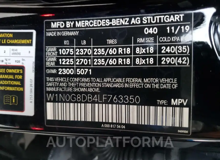 MERCEDES-BENZ GLC 300 2020 vin W1N0G8DB4LF763350 from auto auction Copart