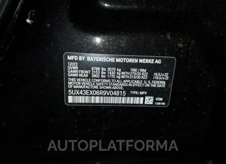 BMW X6 M60I 2024 vin 5UX43EX06R9V04815 from auto auction Copart