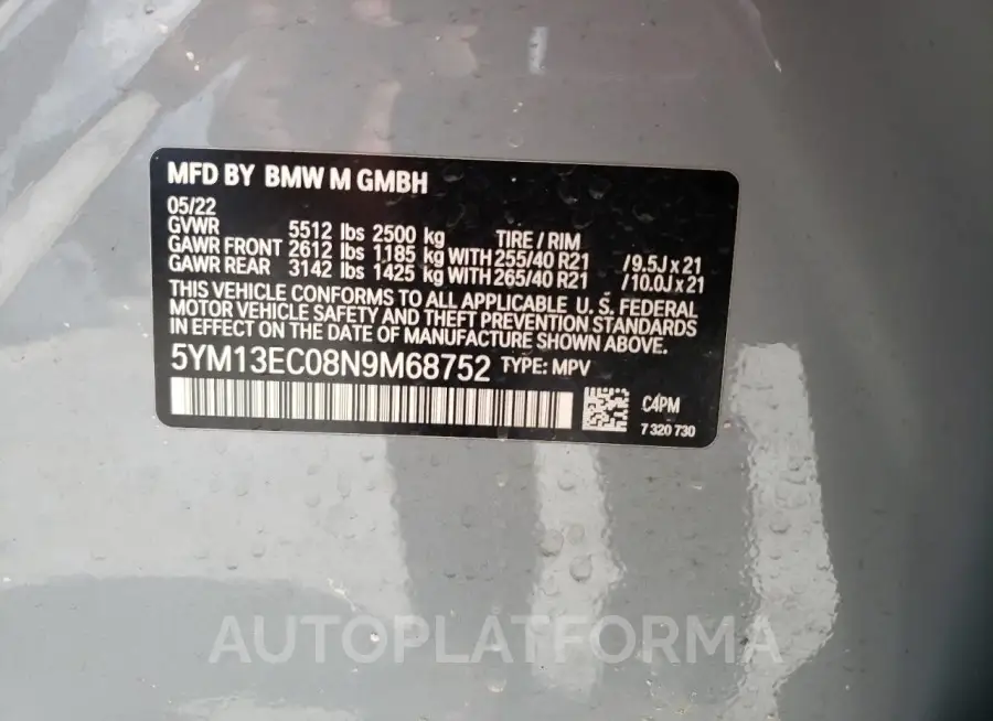 BMW X3 M 2022 vin 5YM13EC08N9M68752 from auto auction Copart