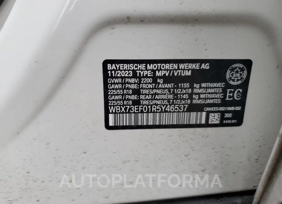 BMW X1 XDRIVE2 2024 vin WBX73EF01R5Y46537 from auto auction Copart