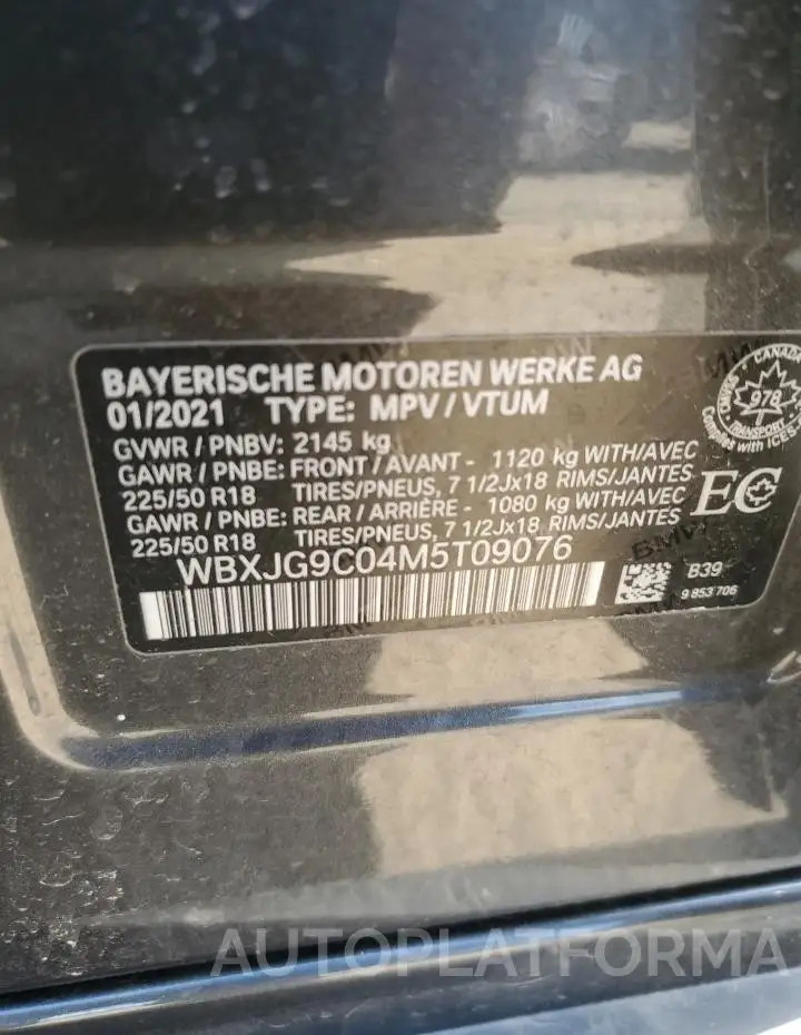 BMW X1 XDRIVE2 2021 vin WBXJG9C04M5T09076 from auto auction Copart